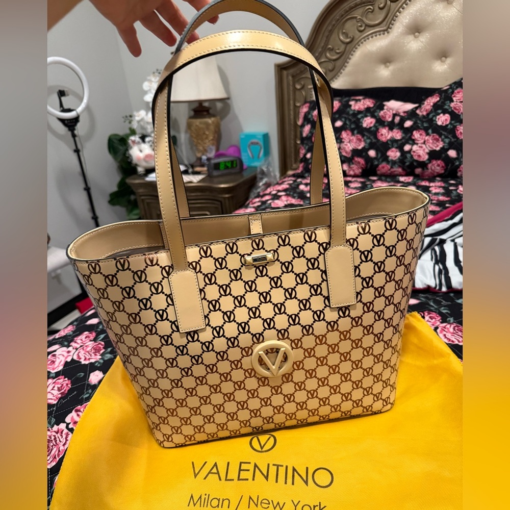 Valentino Tan and Black Tote with Geometric Design
